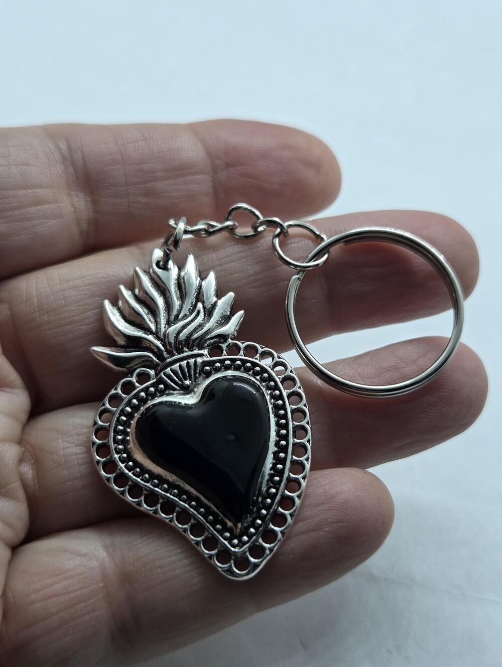 Silver Tone Heart Keychain with Black Center